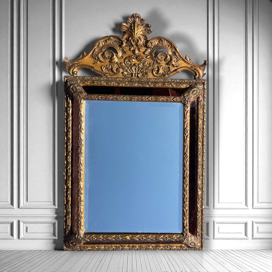 Antique Gilt Gesso Rocco Mirror,Ruby Red Cushion Framed French Style Mirror.1860