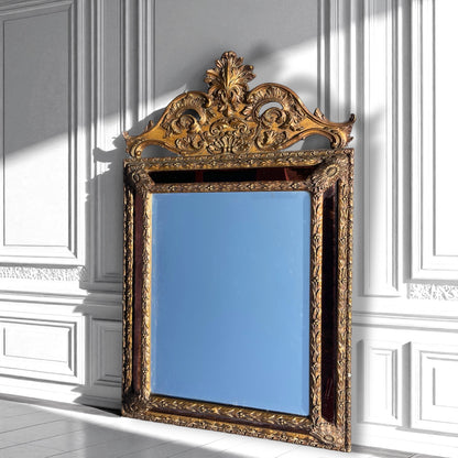 Antique Gilt Gesso Rocco Mirror,Ruby Red Cushion Framed French Style Mirror.1860
