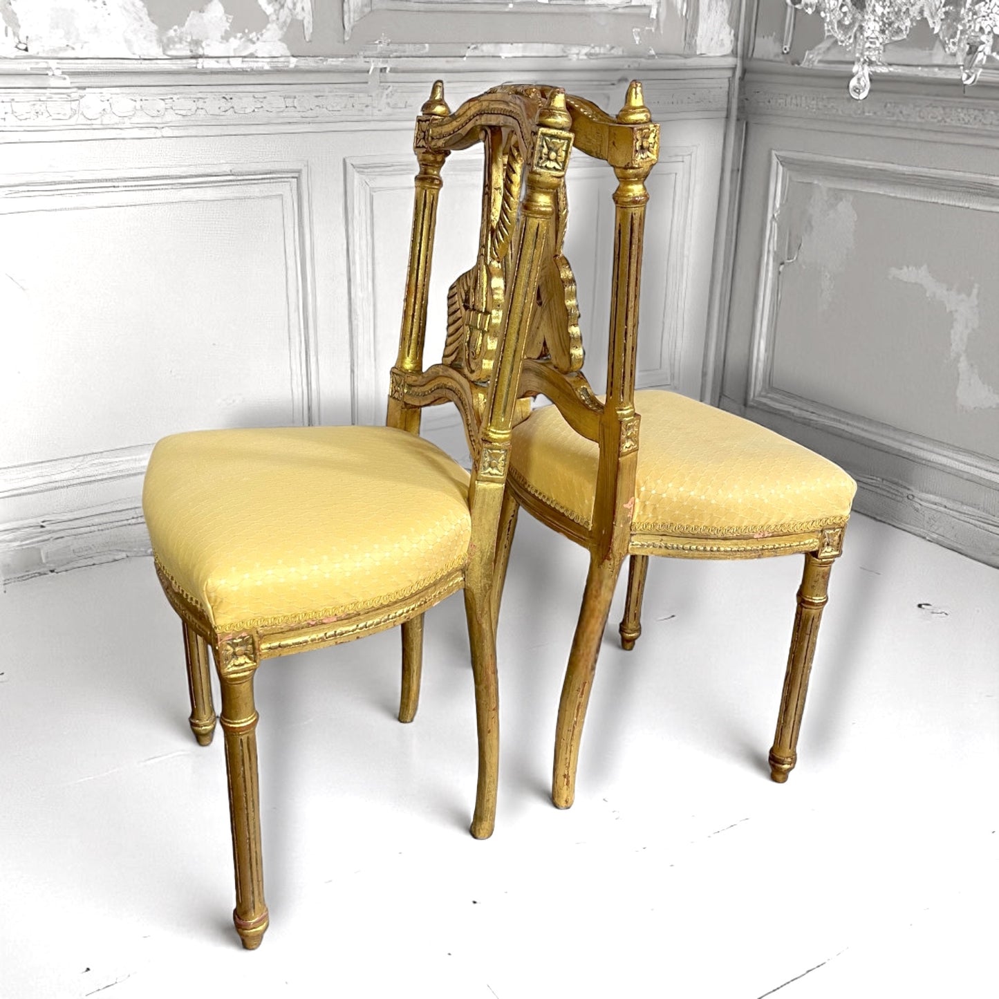 A Pair Of Antique Louis XVI Style Gilt-wood Side Chairs – Lyre Back, Fluted Legs, c.1900