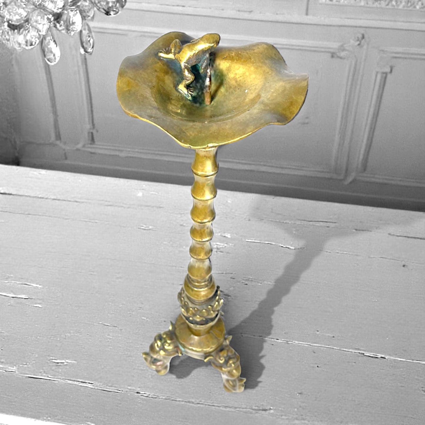 SOLD: Rare Pair Antique Tibetan-Chinese Brass Candlesticks – Frog & Lotus, Dragon Tripod Base c.1880–1920