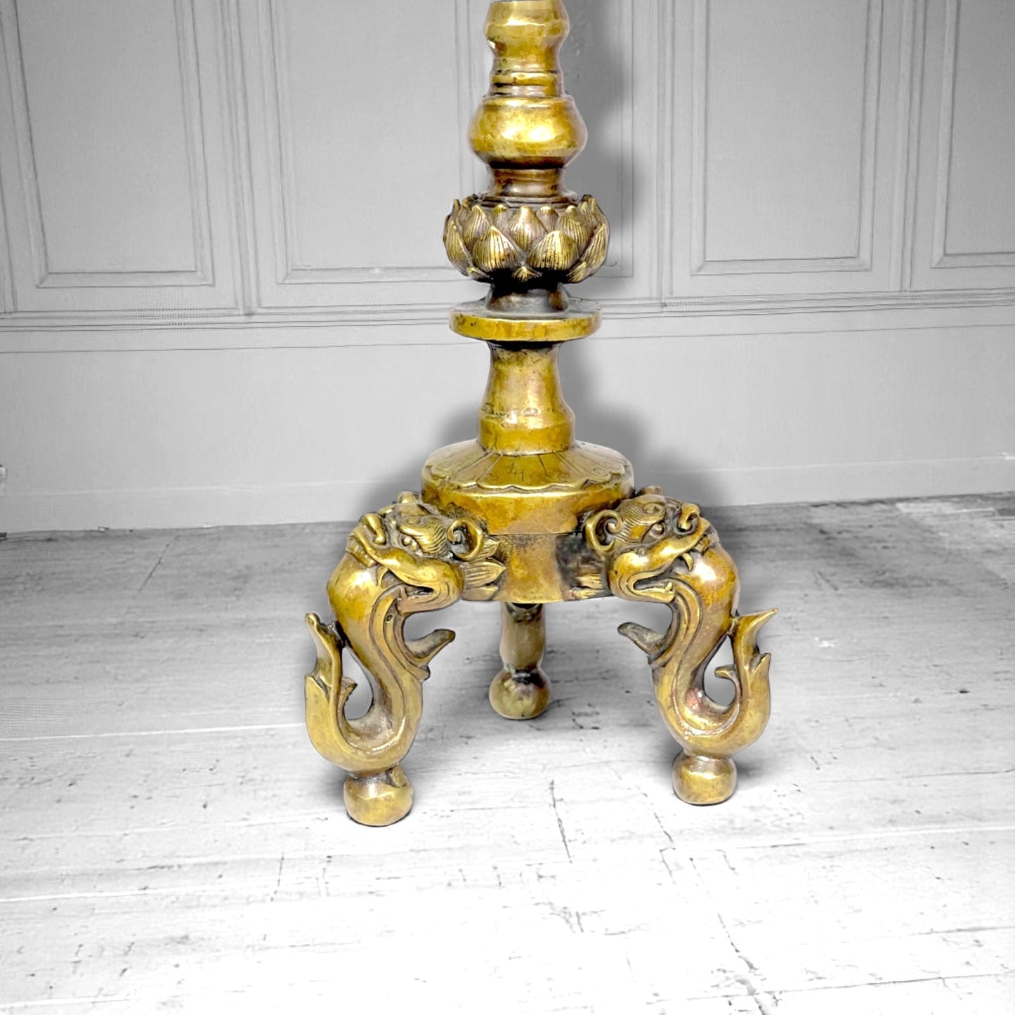 SOLD: Rare Pair Antique Tibetan-Chinese Brass Candlesticks – Frog & Lotus, Dragon Tripod Base c.1880–1920