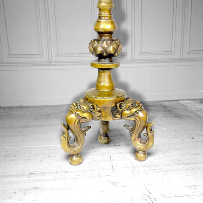 SOLD: Rare Pair Antique Tibetan-Chinese Brass Candlesticks – Frog & Lotus, Dragon Tripod Base c.1880–1920