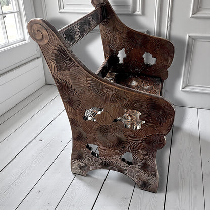 Antique Liberty Arts & Crafts Japanese Carved Floral Fruitwood Chair 1905