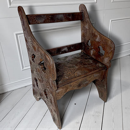 Antique Liberty Arts & Crafts Japanese Carved Floral Fruitwood Chair 1905