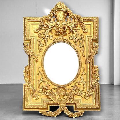 Large Ornate French Giltwood Louis XVI Style Hand-Carved Beveled Mirror