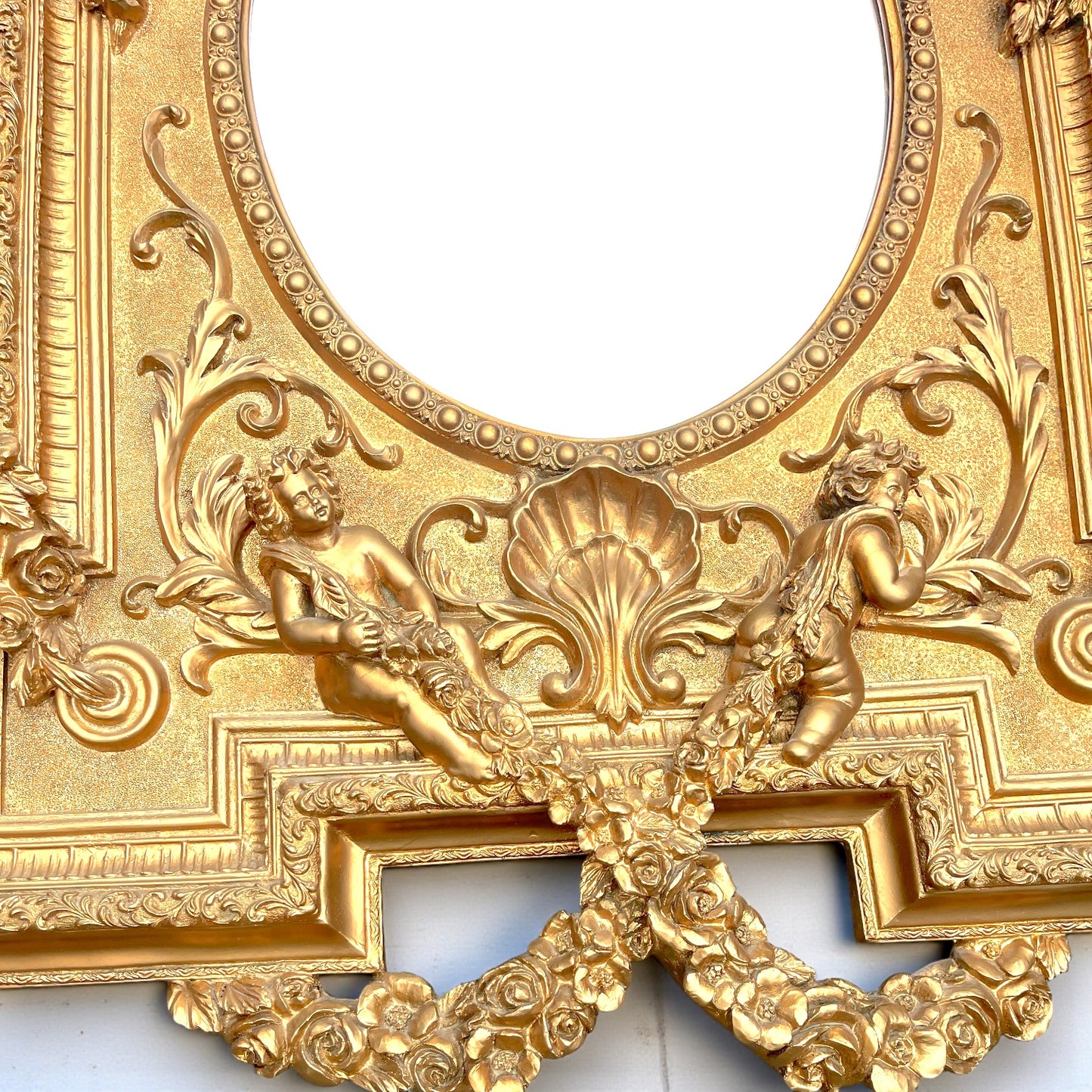 Large Ornate French Giltwood Louis XVI Style Hand-Carved Beveled Mirror