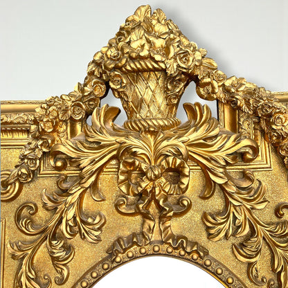 Large Ornate French Giltwood Louis XVI Style Hand-Carved Beveled Mirror