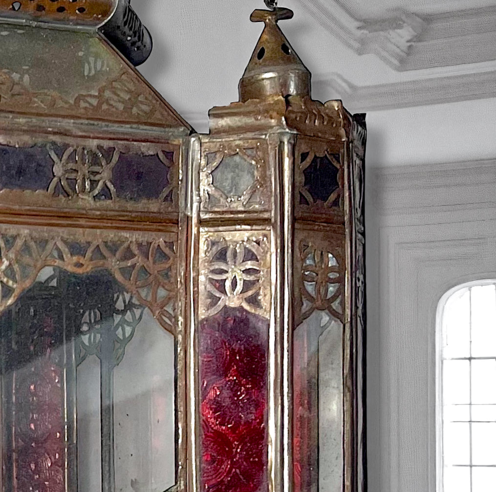Moroccan Moorish Brass Hanging Lantern with Red Stained Glass,Circa 1900.s