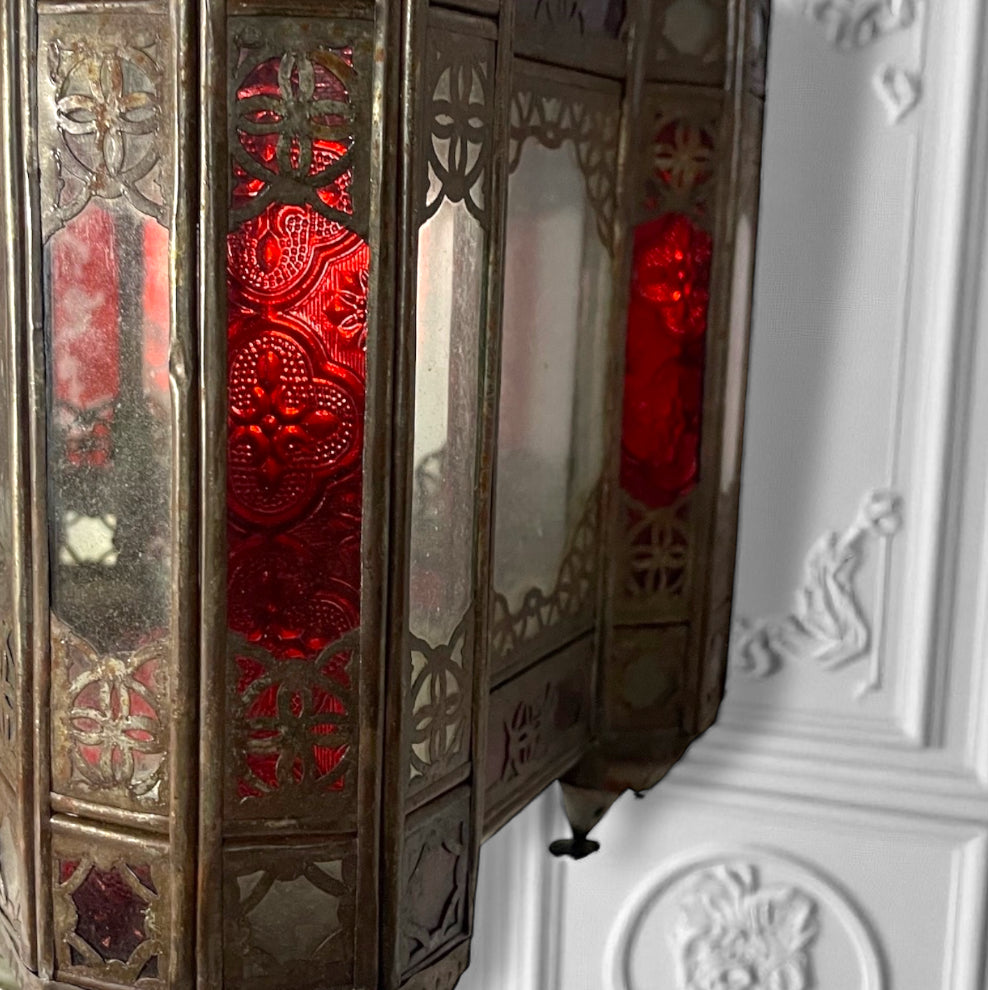 Moroccan Moorish Brass Hanging Lantern with Red Stained Glass,Circa 1900.s