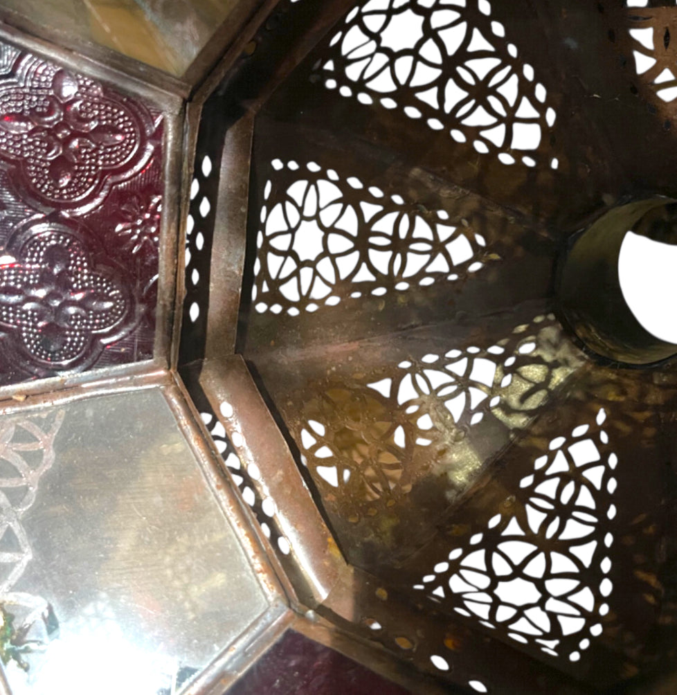 Moroccan Moorish Brass Hanging Lantern with Red Stained Glass,Circa 1900.s
