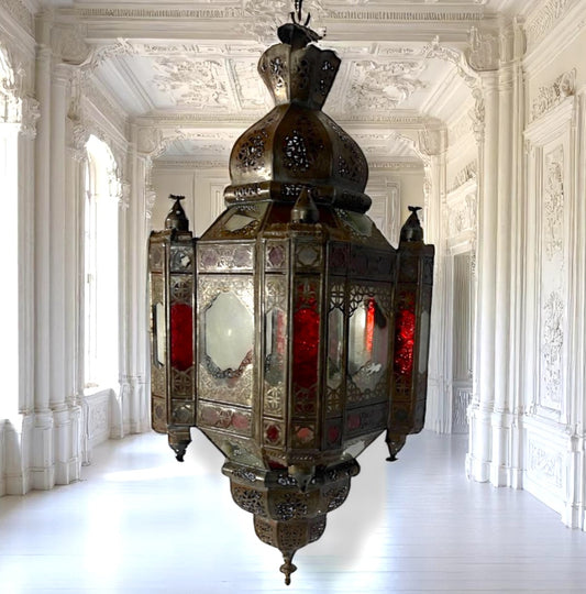 Moroccan Moorish Brass Hanging Lantern with Red Stained Glass,Circa 1900.s