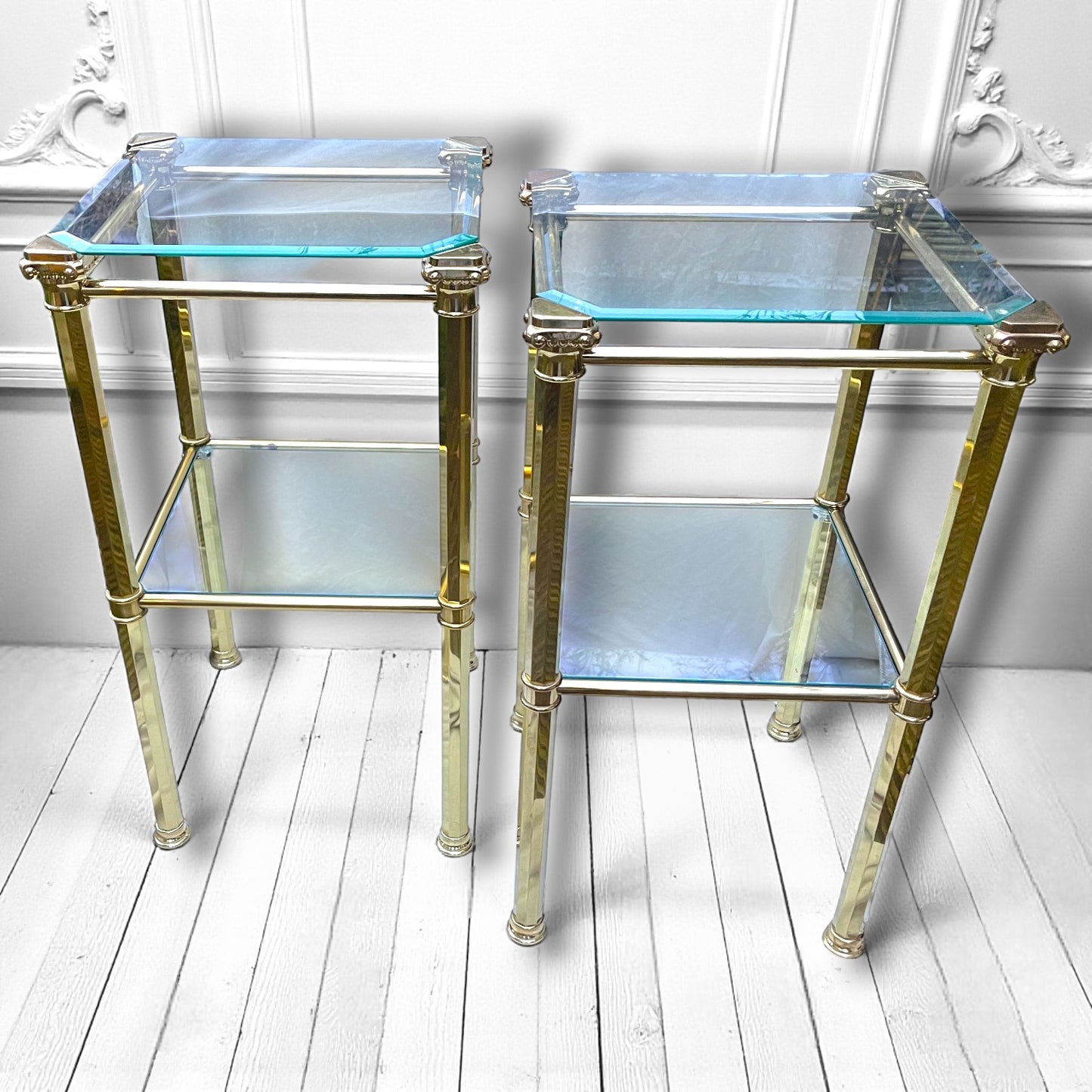 1970s Pair Hollywood Regency Brass & Glass Side Tables, Romeo Rega, Maison Jansen style