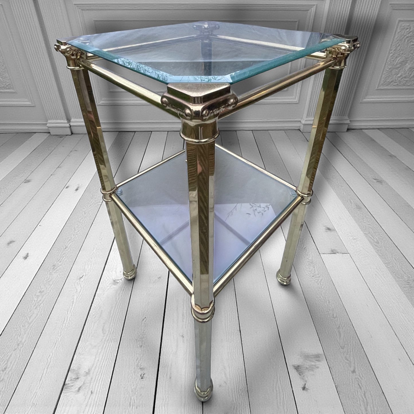 1970s Pair Hollywood Regency Brass & Glass Side Tables, Romeo Rega, Maison Jansen style