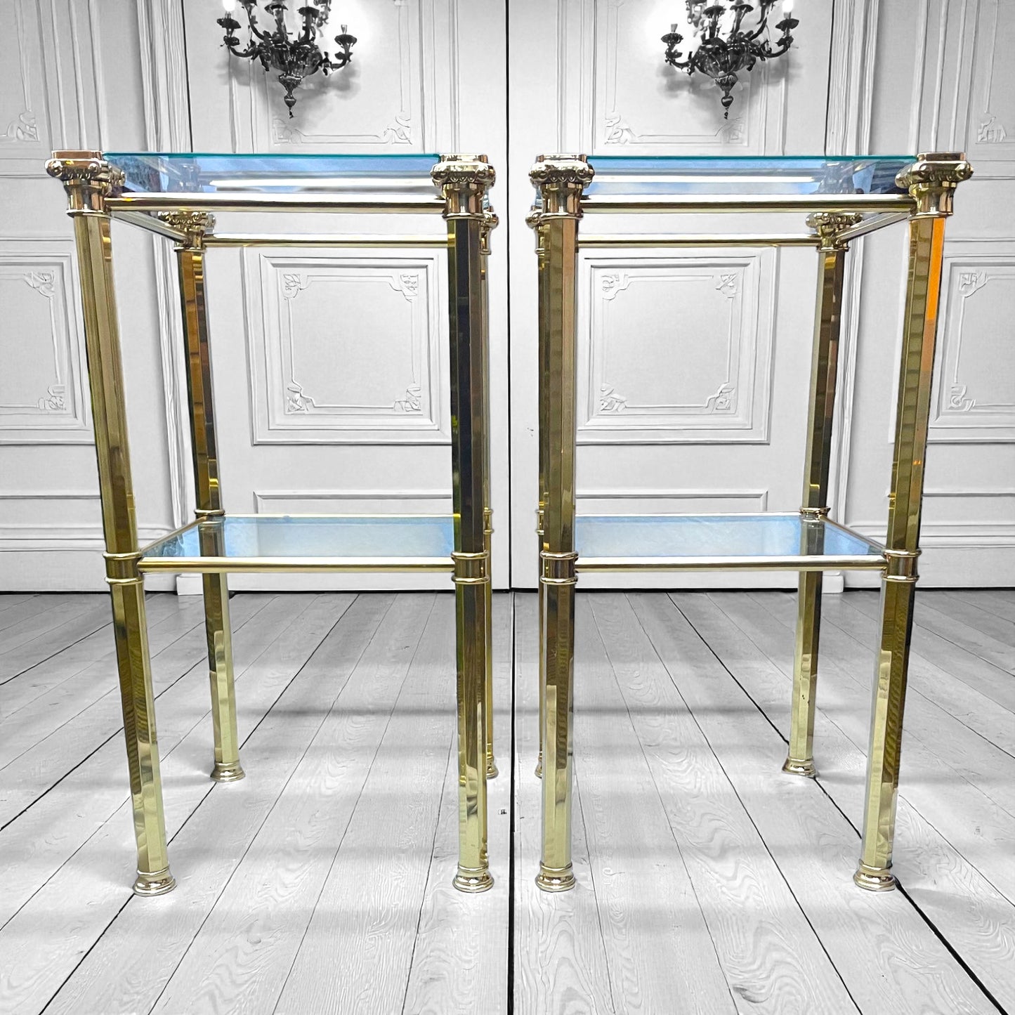 1970s Pair Hollywood Regency Brass & Glass Side Tables, Romeo Rega, Maison Jansen style