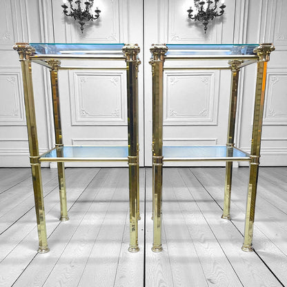 1970s Pair Hollywood Regency Brass & Glass Side Tables, Romeo Rega, Maison Jansen style