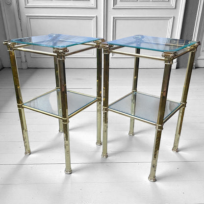 1970s Pair Hollywood Regency Brass & Glass Side Tables, Romeo Rega, Maison Jansen style