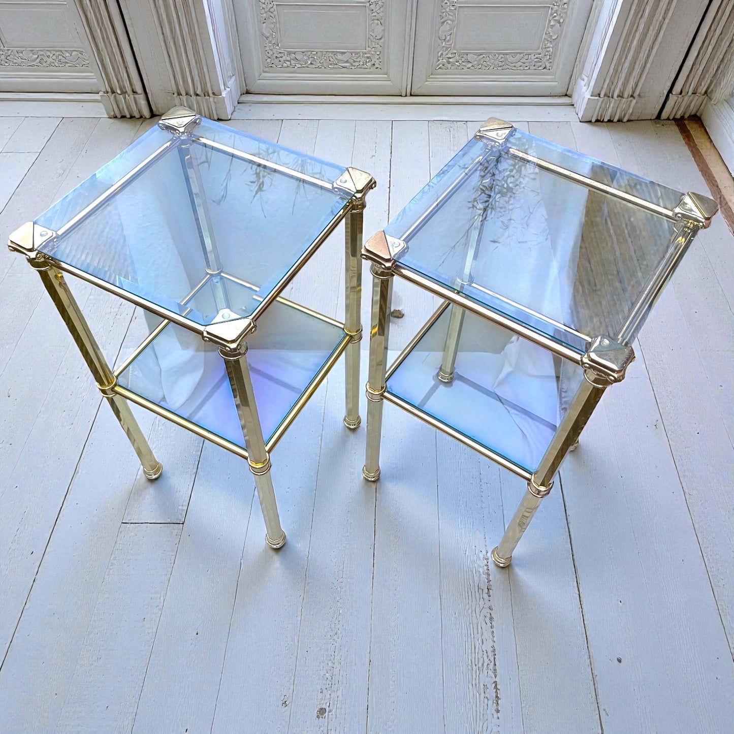 1970s Pair Hollywood Regency Brass & Glass Side Tables, Romeo Rega, Maison Jansen style