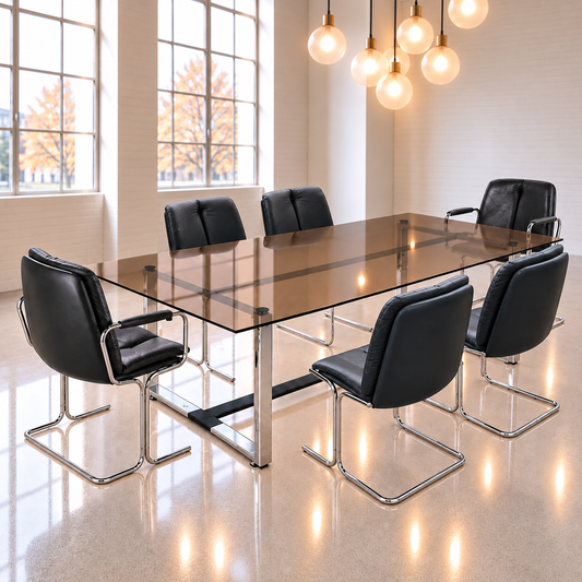 Mid century Pieff Tim Bates Eleganza 6 Leather Chairs & Epée Dining Table 1970s