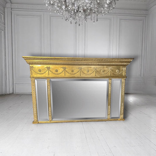 SOLD : Adams Regency Style Large Triple Plate Gilt Over Mantle Bevelled Mirror