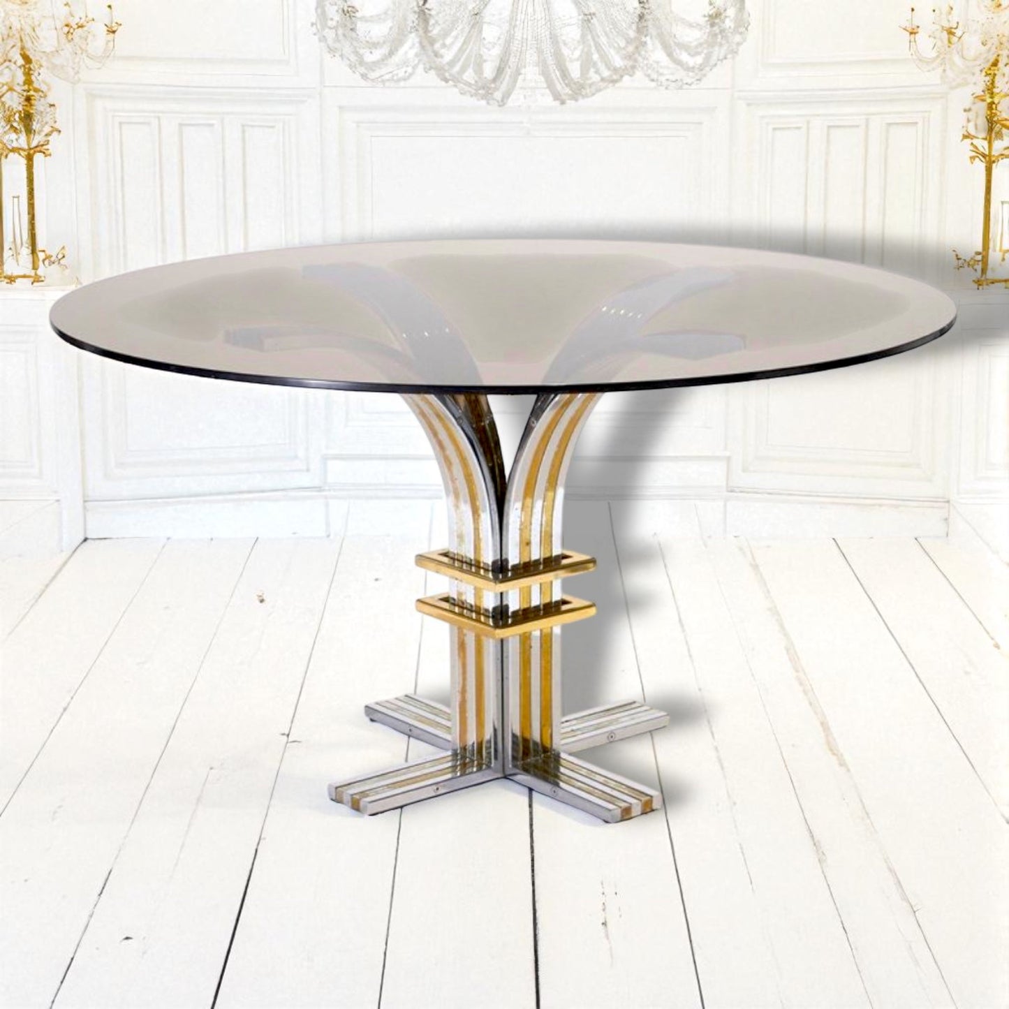 1970s Renato Zevi Banci Firenze Brass Chrome Round Dining Table, Hollywood Regency