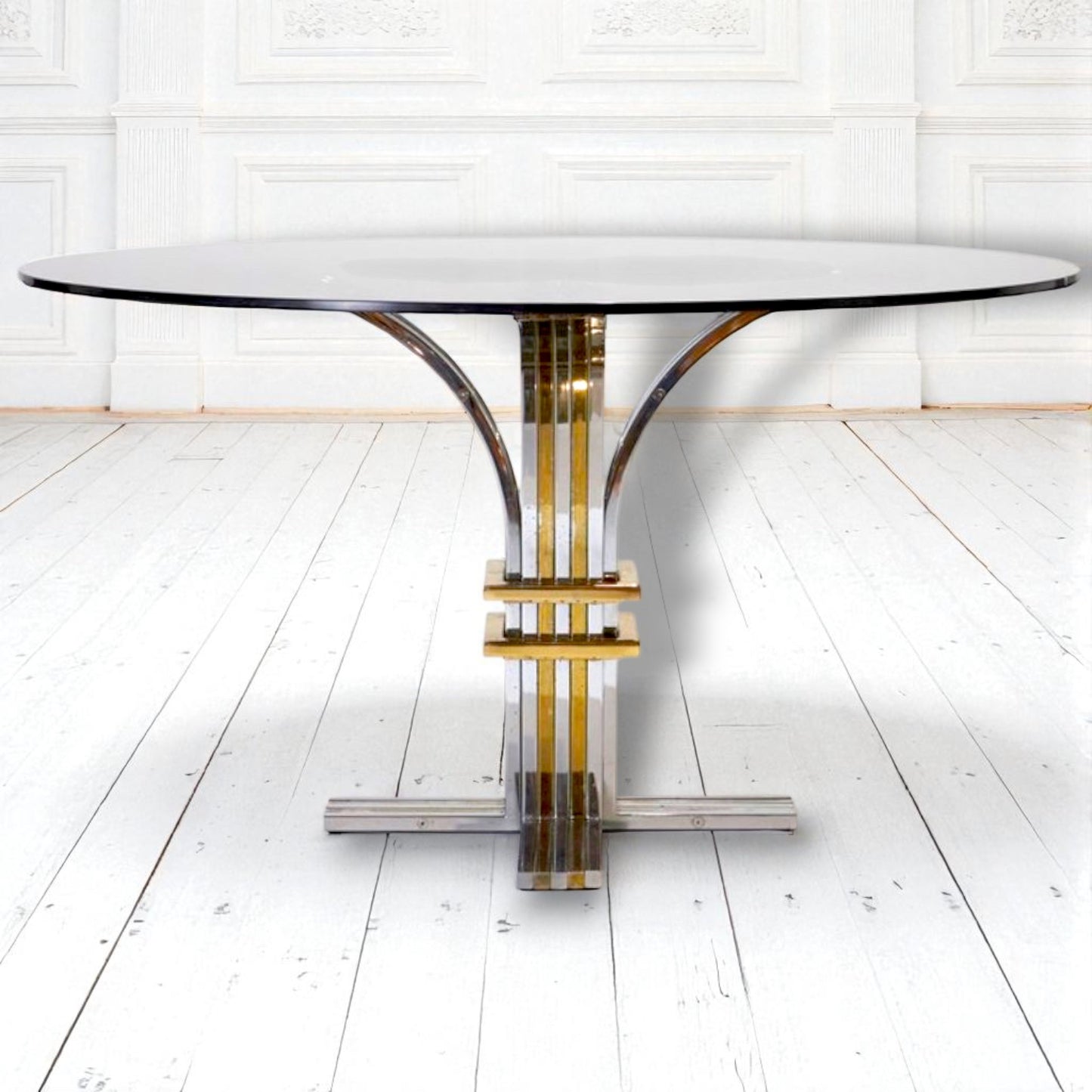 1970s Renato Zevi Banci Firenze Brass Chrome Round Dining Table, Hollywood Regency