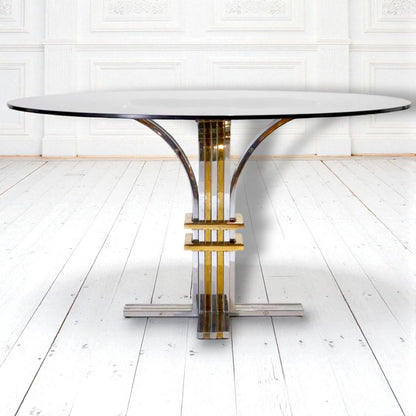 1970s Renato Zevi Banci Firenze Brass Chrome Round Dining Table, Hollywood Regency