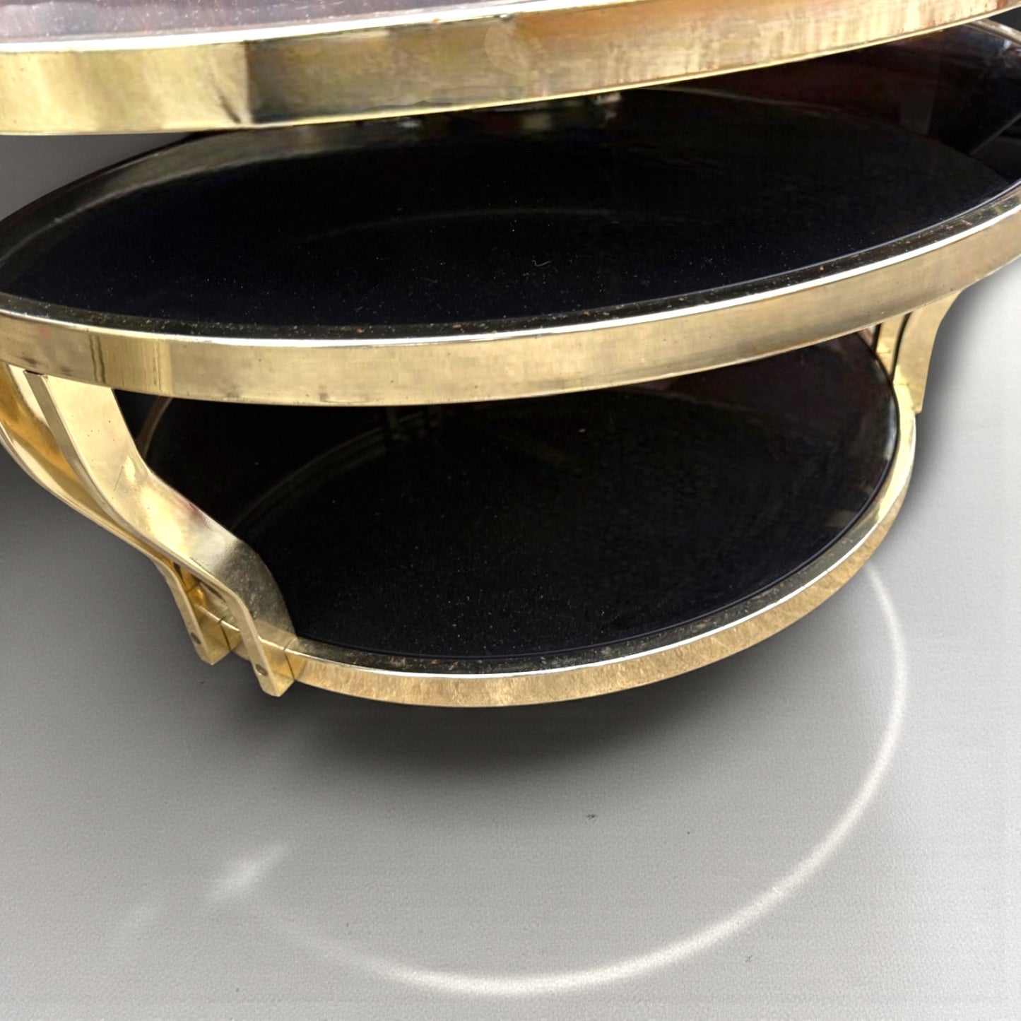 Hollywood Regency Italian Milo Baughman Style Brass Triple Shelf Coffee Table