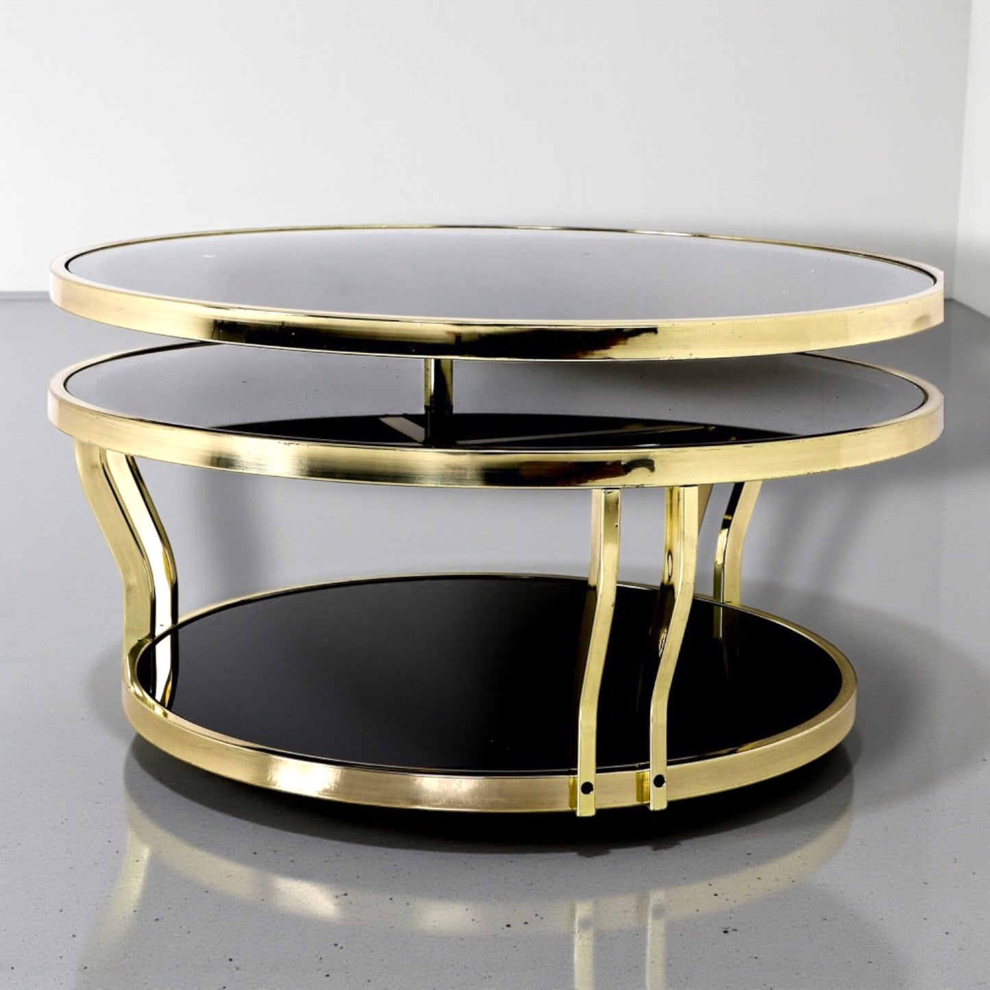 Hollywood Regency Italian Milo Baughman Style Brass Triple Shelf Coffee Table