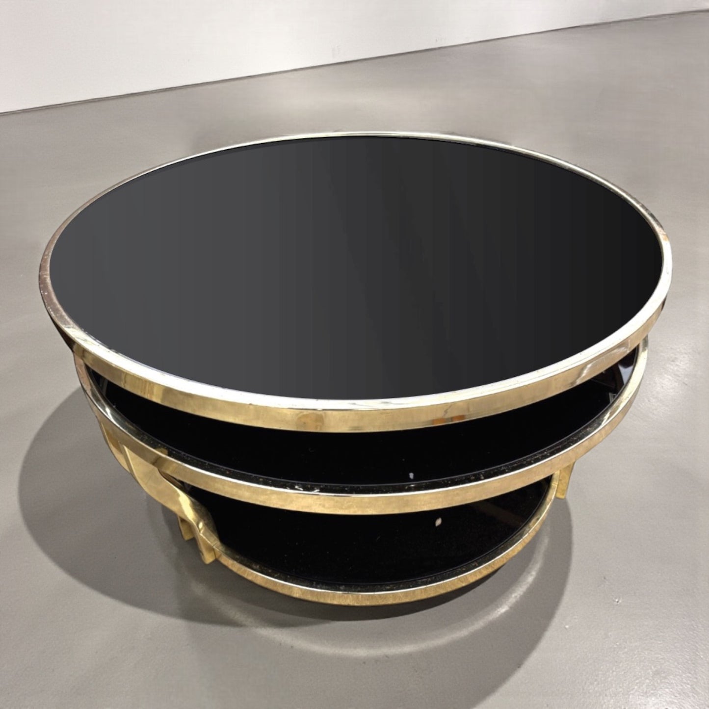 Hollywood Regency Italian Milo Baughman Style Brass Triple Shelf Coffee Table