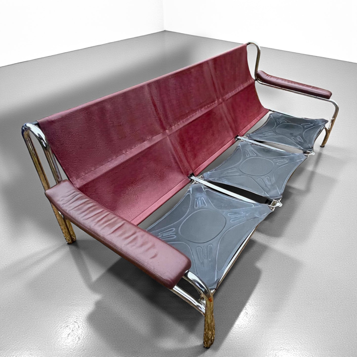 Pieff Tim Bates Alpha 3 Seater Leather Oxblood Sofa Chrome Frame 1970s