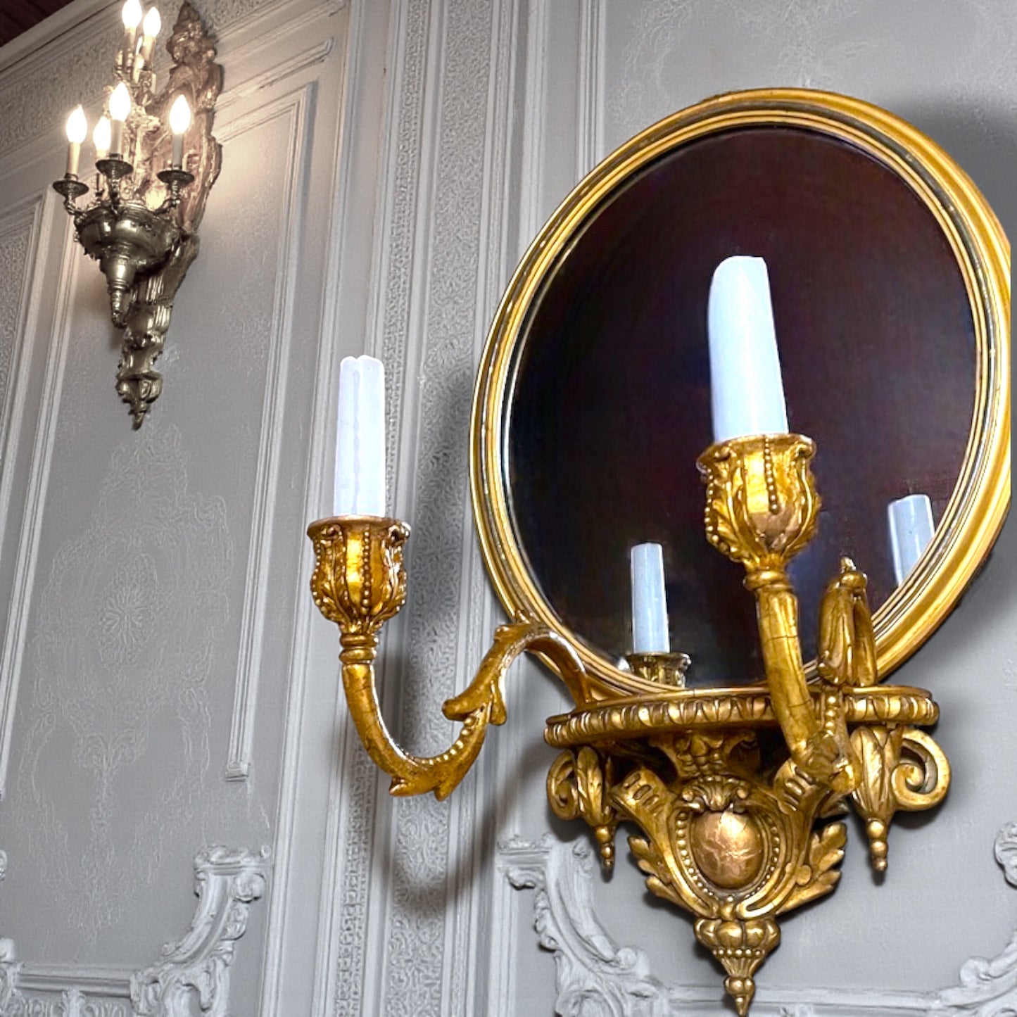 Pair Antique French Louis XVI Giltwood Mirrored Sconces Fine Carved Girandoles c.1830 Original Mercury Glass.