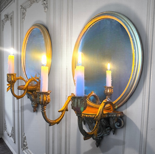 Pair Antique French Louis XVI Giltwood Mirrored Sconces Fine Carved Girandoles c.1830 Original Mercury Glass.