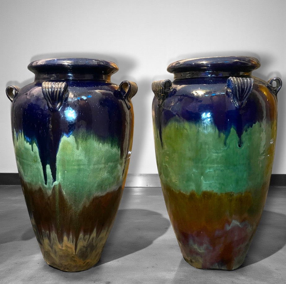 Vintage Pair 90cm Vietnamese Temple Jars – Blue Green Drip Glaze Heavy Pottery
