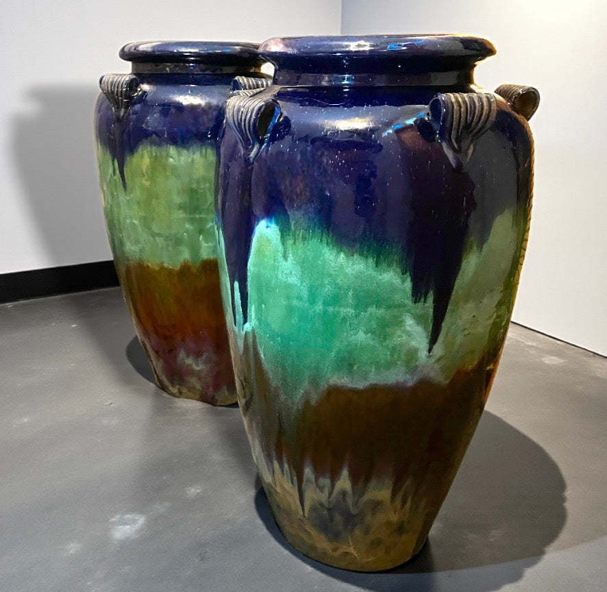 Vintage Pair 90cm Vietnamese Temple Jars – Blue Green Drip Glaze Heavy Pottery