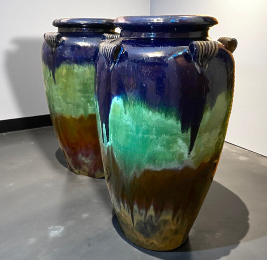 Vintage Pair 90cm Vietnamese Temple Jars – Blue Green Drip Glaze Heavy Pottery