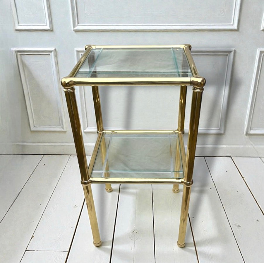 Vintage MCM French Brass & Engraved Glass Side Table 1970s Hollywood Regency