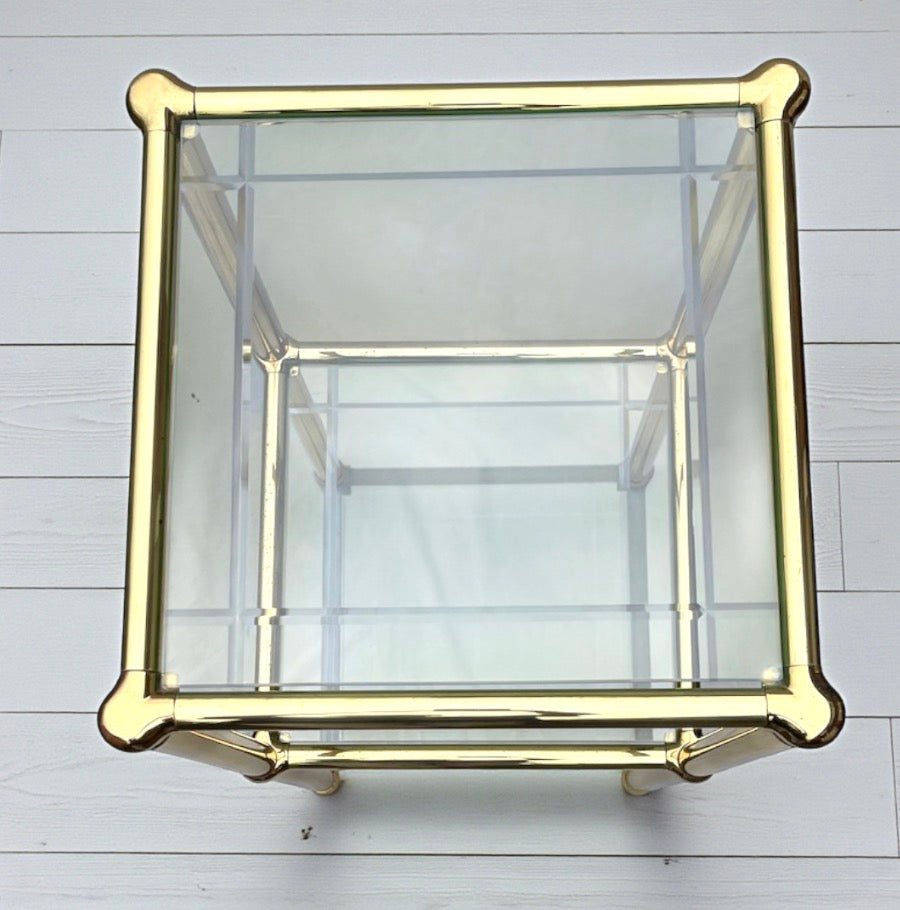 Vintage MCM French Brass & Engraved Glass Side Table 1970s Hollywood Regency