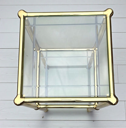 Vintage MCM French Brass & Engraved Glass Side Table 1970s Hollywood Regency