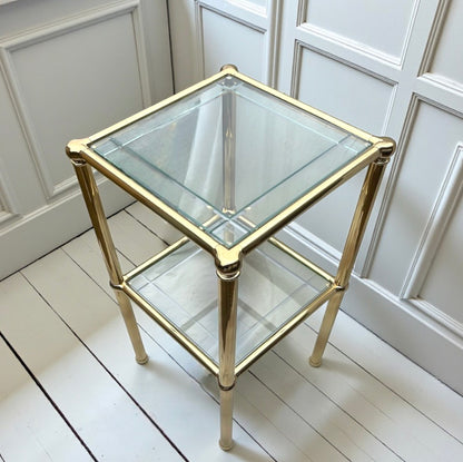 Vintage MCM French Brass & Engraved Glass Side Table 1970s Hollywood Regency