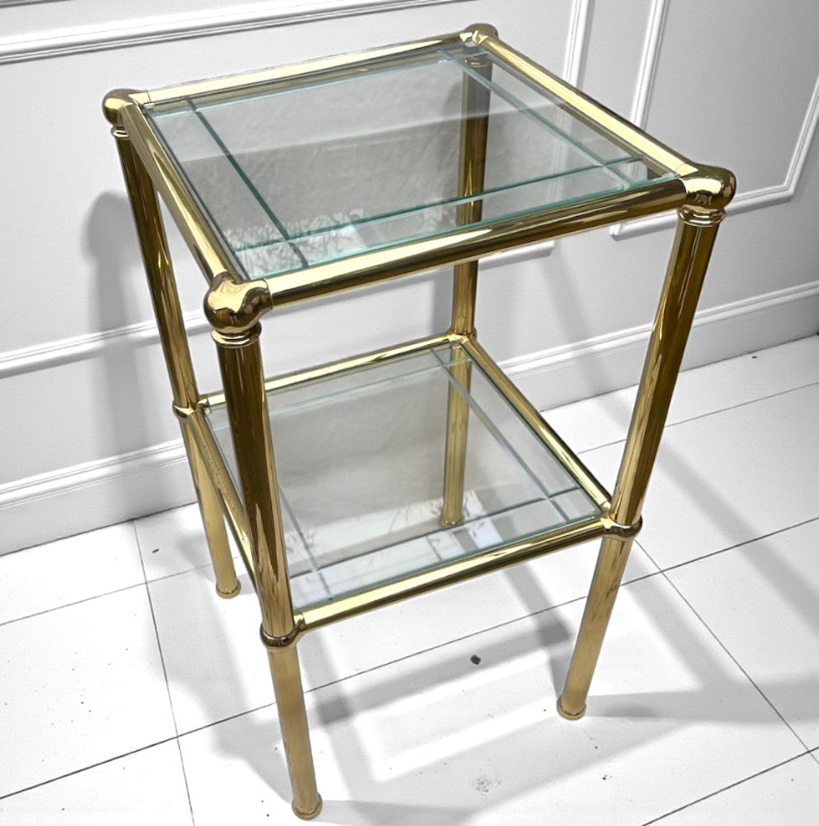 Vintage MCM French Brass & Engraved Glass Side Table 1970s Hollywood Regency