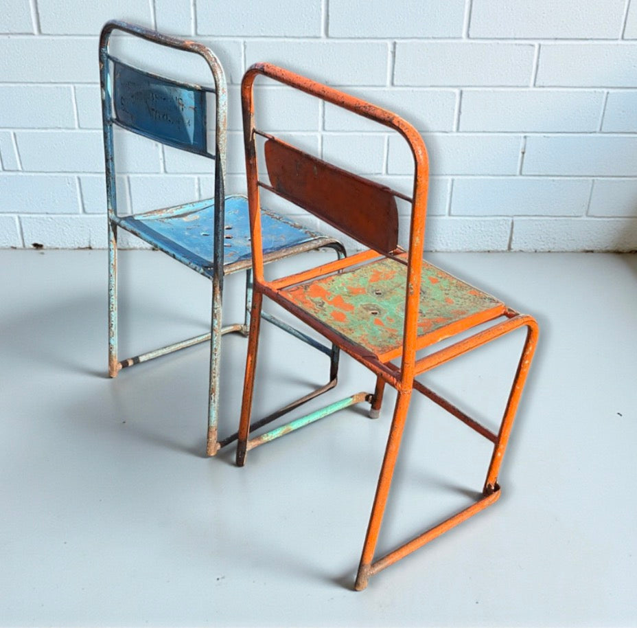 Pair Vintage Industrial Metal Chairs 1930s Factory/ School Original Paint