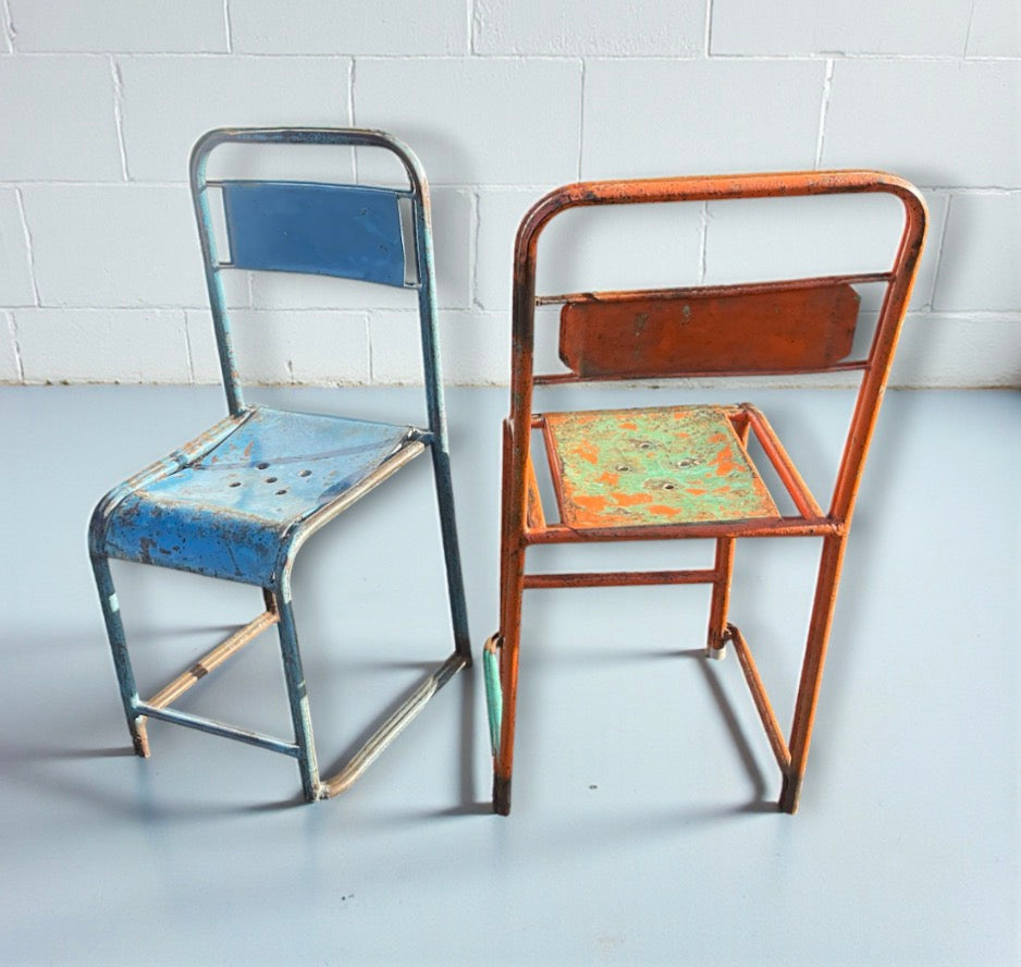 Pair Vintage Industrial Metal Chairs 1930s Factory/ School Original Paint