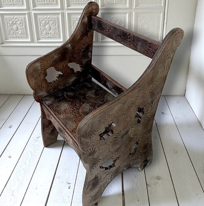 Antique Liberty Arts & Crafts Japanese Carved Floral Fruitwood Chair 1905