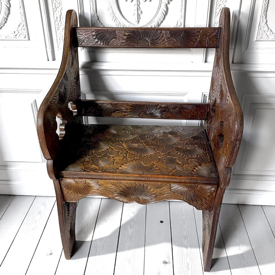 Antique Liberty Arts & Crafts Japanese Carved Floral Fruitwood Chair 1905