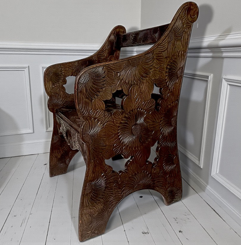 Antique Liberty Arts & Crafts Japanese Carved Floral Fruitwood Chair 1905