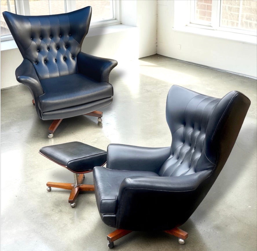 A Rare Pair of G Plan 6250 “Blofeld” Chairs & 6251 Footstool original 1960s production.