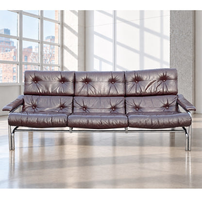 Mid Century Pieff Alpha 3 Seater Brown Leather Chrome Sofa by Tim Bates 1970's