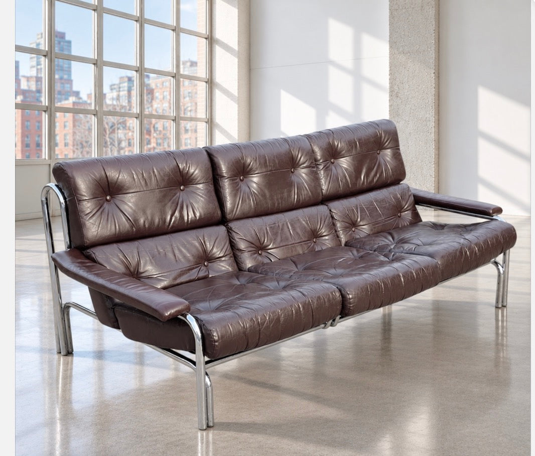 Mid Century Pieff Alpha 3 Seater Brown Leather Chrome Sofa by Tim Bates 1970's
