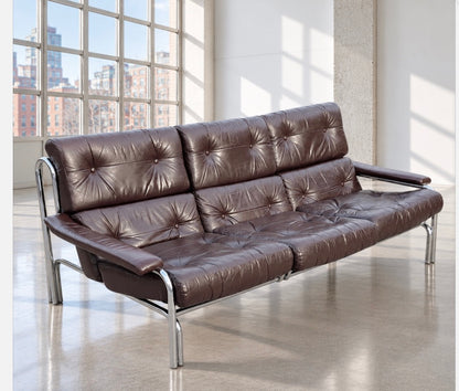 Mid Century Pieff Alpha 3 Seater Brown Leather Chrome Sofa by Tim Bates 1970's