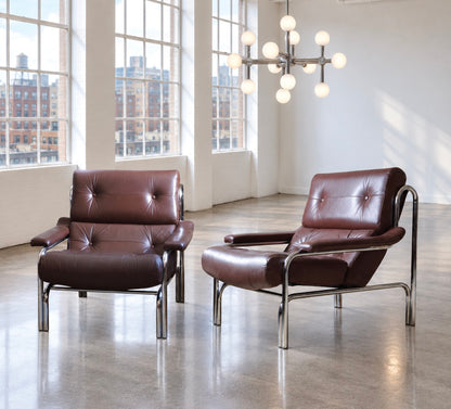 Pair of Pieff Mid Century Alpha Armchairs Tim Bates Oxblood Leather Chrome 1970s
